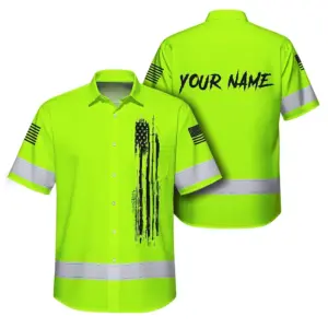 Hi Vis Hawaiian Shirt Green Neon Us Flag For Runners, Worker, Patriotic
