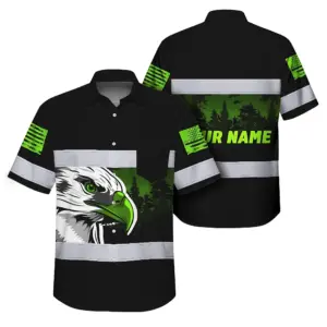 Hi Vis Hawaiian Shirt Reflective Black Eagle USA Flag Custom Name Safety Workwear