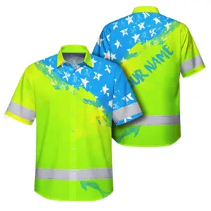 Hi Vis Hawaiian Shirt Reflective Blue Neon American Flag Custom Name Safety Workwear For Workers, Truckers