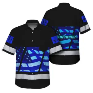 Hi Vis Hawaiian Shirt Reflective Blue USA Flag Custom Name Safety Workwear