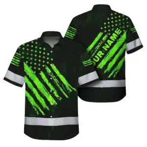 Hi Vis Hawaiian Shirt Reflective Custom Name US Flag Wave Safety Workwear For Workers, Runners, Patriotic