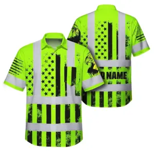 Hi Vis Hawaiian Shirt Reflective Eagle USA Flag Custom Name Safety Workwear