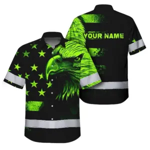 Hi Vis Hawaiian Shirt Reflective, Eagles US Flag Custom Name For Workers Runners Patriotic