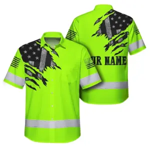 Hi Vis Hawaiian Shirt Reflective Featuring Green Scratch US Flag And Personalized Name For Patriotism
