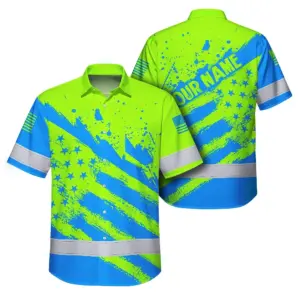 Hi Vis Hawaiian Shirt Reflective Green And Blue American Flag Custom Name Safety Workwear For Workers, Truckers, Operators