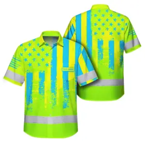Hi Vis Hawaiian Shirt Reflective Green And Blue American Flag Custom Name Safety Workwear For Workers, Truckers, Patriotic