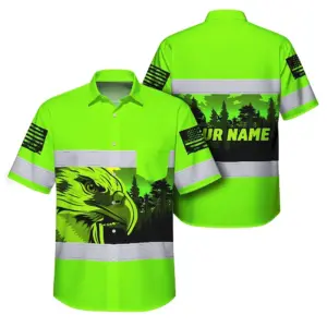 Hi Vis Hawaiian Shirt Reflective Green Eagle USA Flag Custom Name Safety Workwear