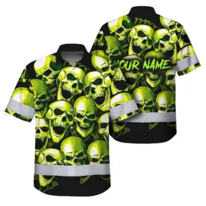 Hi Vis Hawaiian Shirt Reflective Green Neon Skull Custom Name