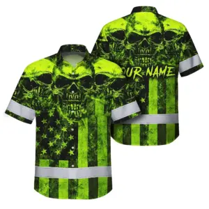 Hi Vis Hawaiian Shirt Reflective Green Skull US Flag Custom Name Safety Workwear