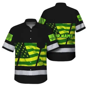 Hi Vis Hawaiian Shirt Reflective Green USA Flag Custom Name Safety Workwear
