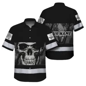 Hi Vis Hawaiian Shirt Reflective Grey Skull Custom Name Safety Workwear