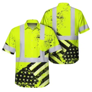 Hi Vis Hawaiian Shirt Reflective Lime US Flag Paint Safety Workwear