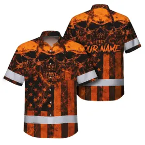 Hi Vis Hawaiian Shirt Reflective Orange Skull US Flag Custom Name Safety