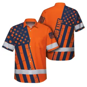 Hi Vis Hawaiian Shirt Reflective Orange US Flag Custom Name Safety Workwear For Workers, Truckers