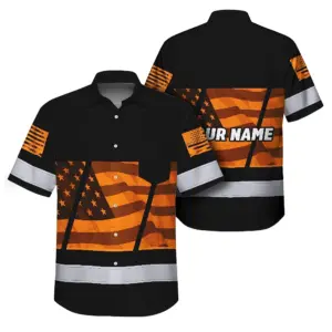 Hi Vis Hawaiian Shirt Reflective Orange USA Flag Custom Name Safety Workwear