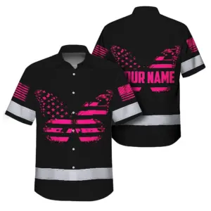 Hi Vis Hawaiian Shirt Reflective Pink Buttlerfly Neon Safety For Woman