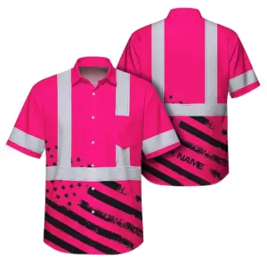 Hi Vis Hawaiian Shirt Reflective Pink Neon USA Flag Custom Name Safety