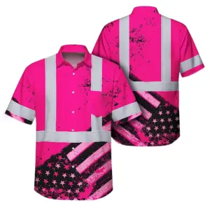 Hi Vis Hawaiian Shirt  Reflective Pink US Flag Paint Safety Workwear