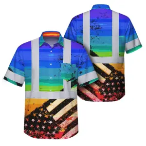 Hi Vis Hawaiian Shirt Reflective Rainbow US Flag Paint Safety Workwear For Worker, Motorcycle Bicycle, Runner