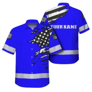 Hi Vis Hawaiian Shirt Reflective Scratch Blue Neon US Flag Custom Name