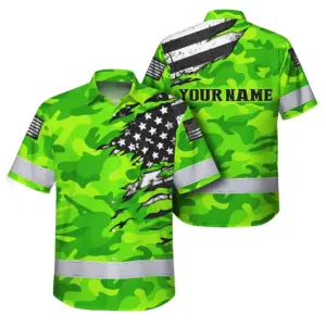 Hi Vis Hawaiian Shirt Reflective Scratch Green Camo Neon US Flag Custom Name