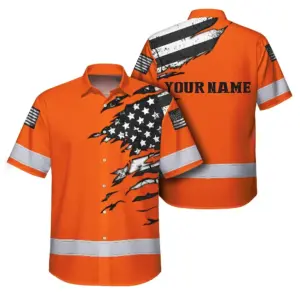 Hi Vis Hawaiian Shirt Reflective Scratch Orange Neon US Flag Custom Name Safety