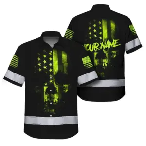 Hi Vis Hawaiian Shirt Reflective Scratched Skull US Flag Custom Name Safety Workwear