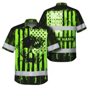 Hi Vis Hawaiian Shirt Reflective Skull USA Flag Green Neon Safety Workwear
