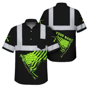 Hi Vis Hawaiian Shirt Reflective Tapes Black Green Neon Gun US Flag