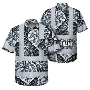 Hi Vis Hawaiian Shirt Reflective Tapes Black Grey Flowers Custom Name Safety Workwear For Workers, Truckers, Operators