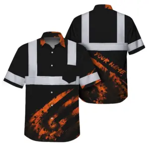 Hi Vis Hawaiian Shirt Reflective Tapes Black Orange Flag Tie Dye Custom Name Safety Workwear For Workers, Runners, Cyclists