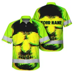 Hi Vis Hawaiian Shirt Reflective Tapes Black Skull Shadow Custom Name Safety