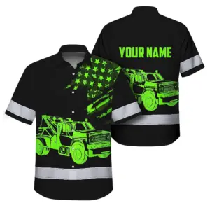Hi Vis Hawaiian Shirt Reflective Tapes Black Tow Truck Driver Custom Name Safety