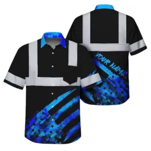 Hi Vis Hawaiian Shirt Reflective Tapes Blue Flag Tie Dye Custom Name Safety Workwear For Workers, Runners, Cyclists