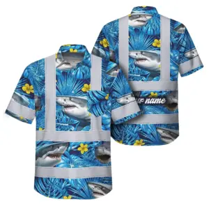 Hi Vis Hawaiian Shirt Reflective Tapes Blue Flowers Shark Custom Name Safety Workwear For Workers, Truckers, Operators, Company