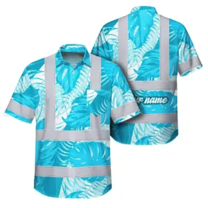 Hi Vis Hawaiian Shirt Reflective Tapes Blue Neon Flowers Custom Name Safety Workwear For Workers, Truckers, Operators