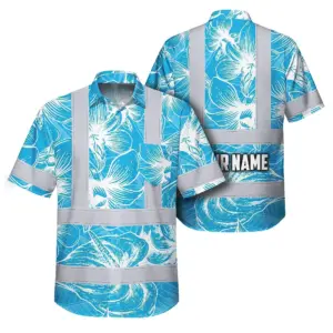 Hi Vis Hawaiian Shirt Reflective Tapes Blue Neon Flowers Custom Name Safety Workwear For Workers, Truckers, Operators