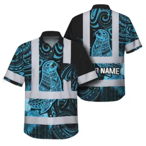 Hi Vis Hawaiian Shirt Reflective Tapes Blue Neon Flowers Monk Seal Custom Name Safety Workwear For Workers, Truckers, Operators, Company