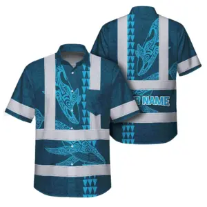 Hi Vis Hawaiian Shirt Reflective Tapes Blue Neon Flowers Whale Custom Name Safety Workwear For Workers, Truckers, Operators, Company
