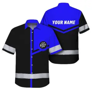 Hi Vis Hawaiian Shirt Reflective Tapes Blue Neon Uniform Custom Name And Logo
