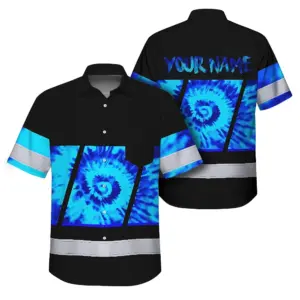 Hi Vis Hawaiian Shirt Reflective Tapes Blue Tie Dye Custom Name Safety Workwear For Workers, Runners, Cyclists