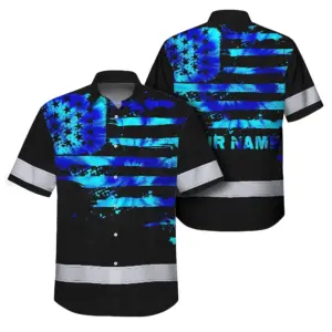 Hi Vis Hawaiian Shirt Reflective Tapes Blue Tie Dye US Flag Custom Name