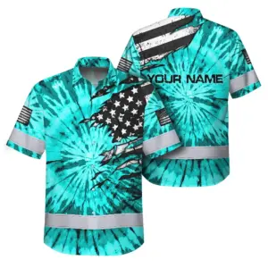 Hi Vis Hawaiian Shirt Reflective Tapes Blue Tie Dye US Flag Scratch Custom Name Safety Workwear For Workers, Runners, Cyclists