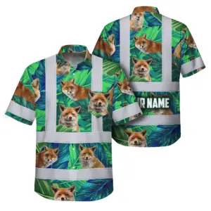Hi Vis Hawaiian Shirt Reflective Tapes Fox Flowers Custom Name Safety Workwear For Workers, Truckers, Operators