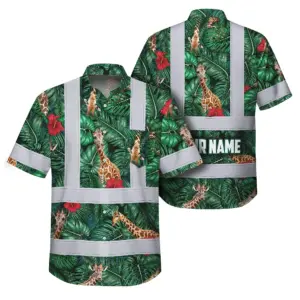 Hi Vis Hawaiian Shirt Reflective Tapes Giraffe Flowers Custom Name Safety Workwear For Workers, Truckers, Operators