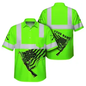 Hi Vis Hawaiian Shirt Reflective Tapes Green Black Neon Gun US Flag