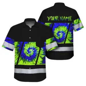 Hi Vis Hawaiian Shirt Reflective Tapes Green Blue Tie Dye Custom Name Safety Workwear For Workers, Runners, Cyclists