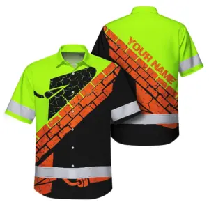 Hi Vis Hawaiian Shirt Reflective Tapes Green Bricklayer Custom Name Safety Workwear