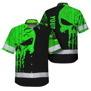Hi Vis Hawaiian Shirt Reflective Tapes Green Camo Neon Skull Gun