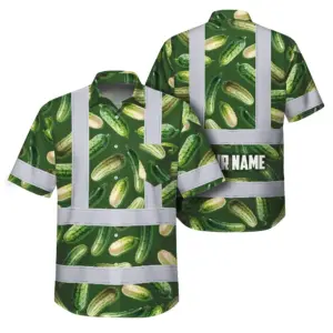 Hi Vis Hawaiian Shirt Reflective Tapes Green Cucumber Custom Name Safety Workwear For Workers, Truckers, Operators